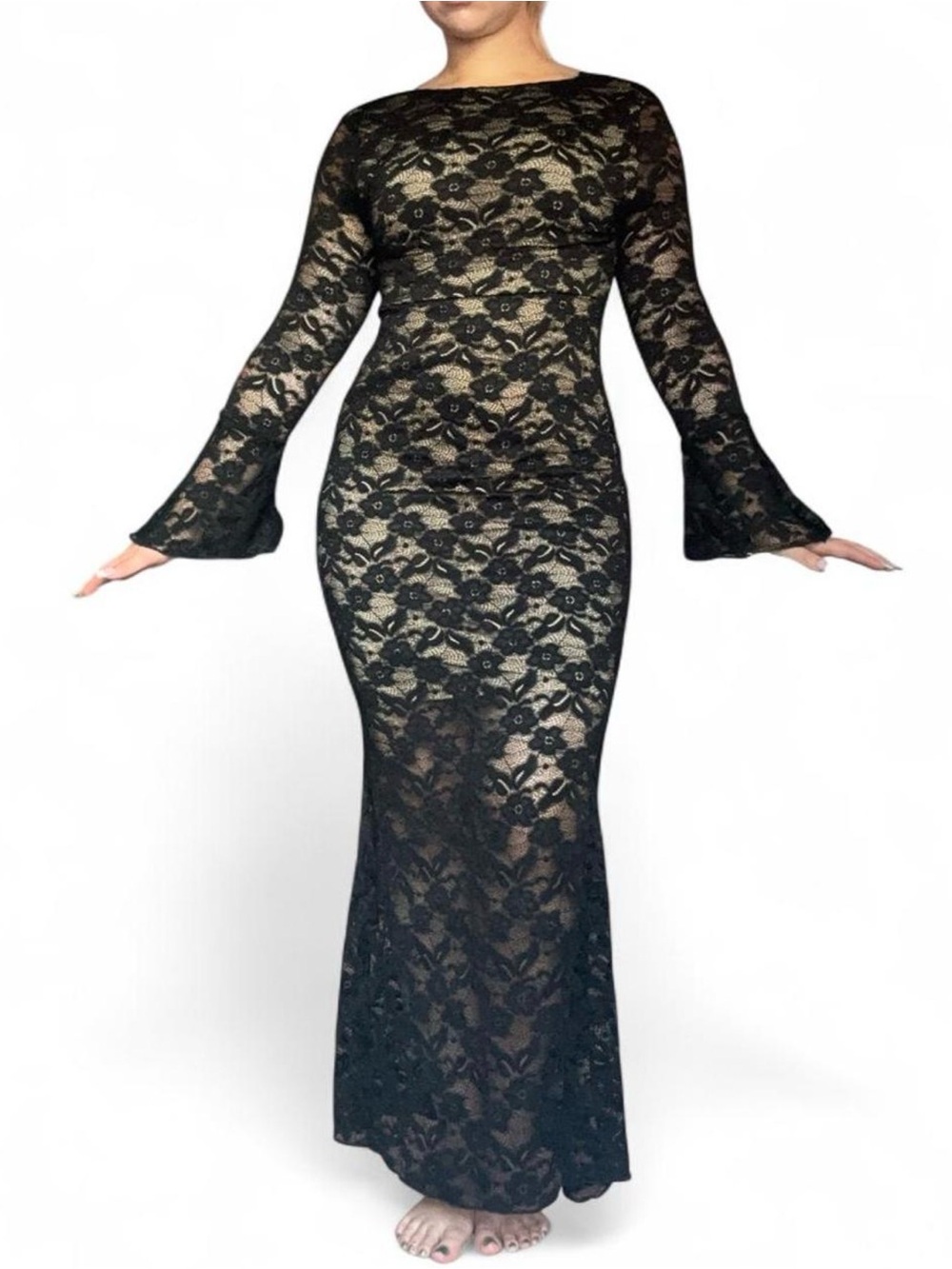 SHEIN Black Stretch Lace Maxi Dress with Nude Underlayer & Bell Sleeves Size M